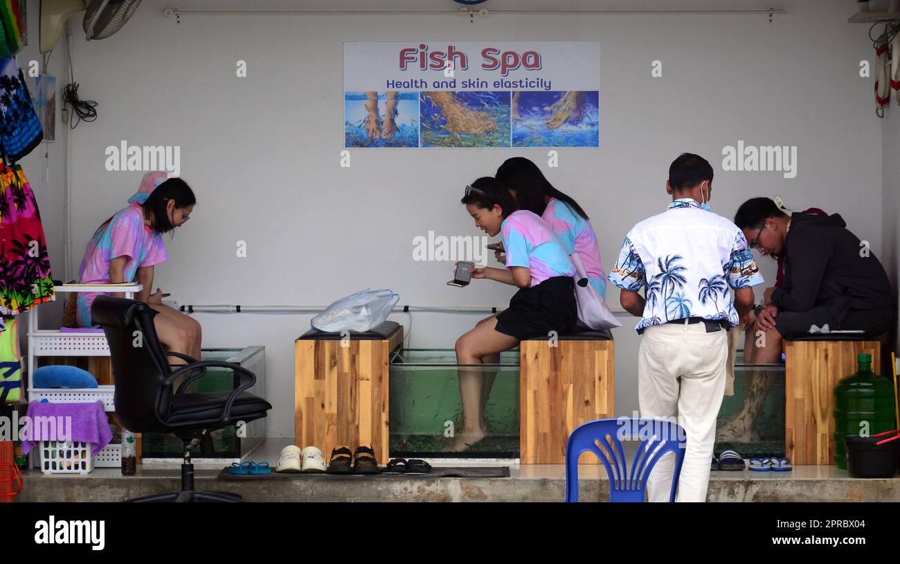 People sit at a fish spa with their feet in fish tanks where small fish