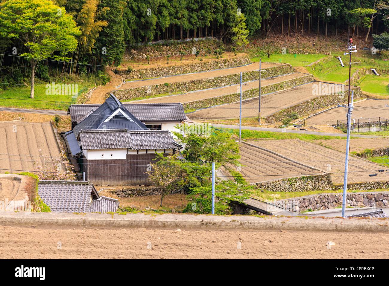 Traditional wooden Japanese house by plowed terraced rice fields Stock Photo