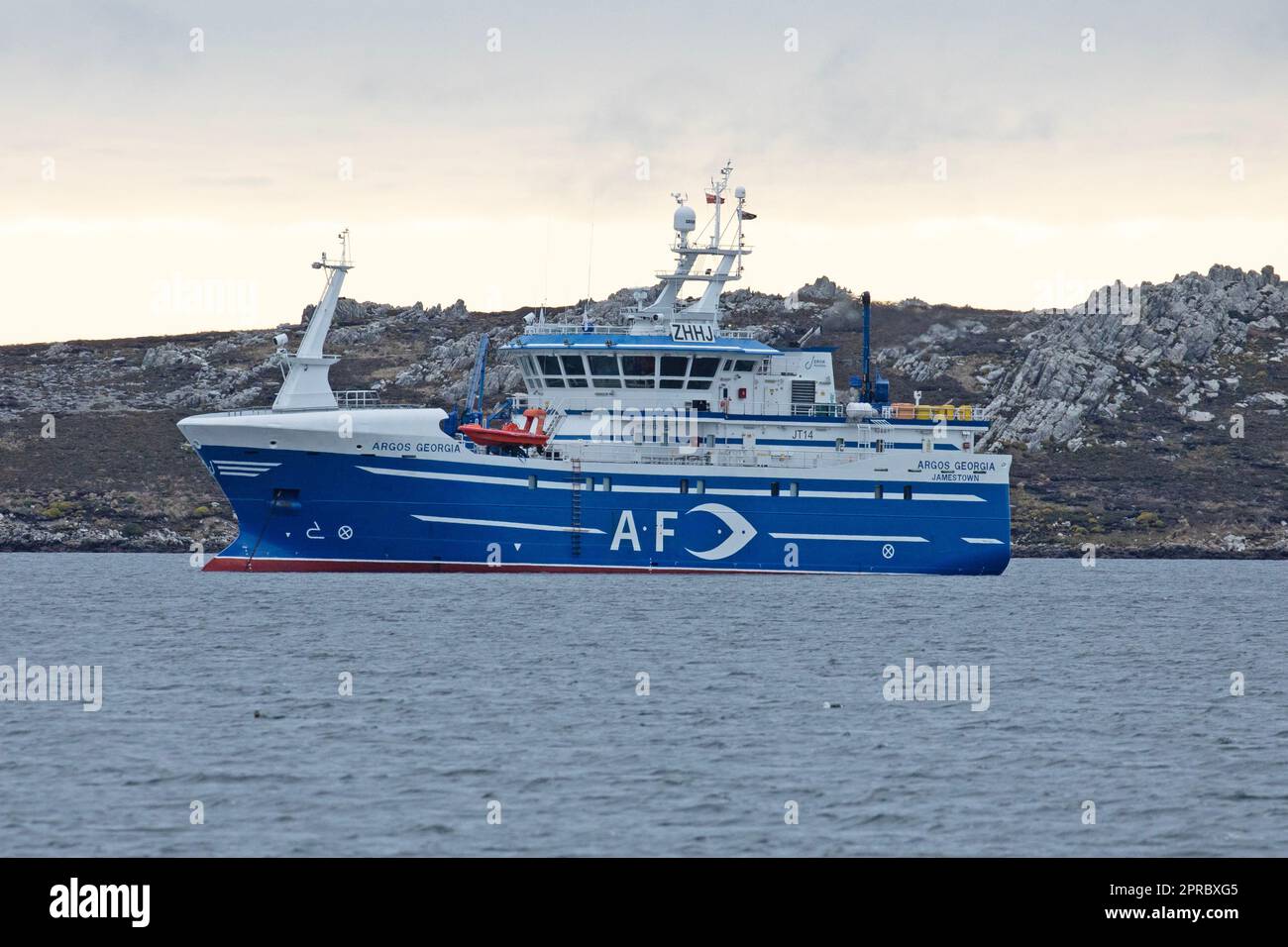 The Argos Georgia , a fishing boat based in St. Helena. Seen here in Stanley Sound in The Falkland Islands. Stock Photo