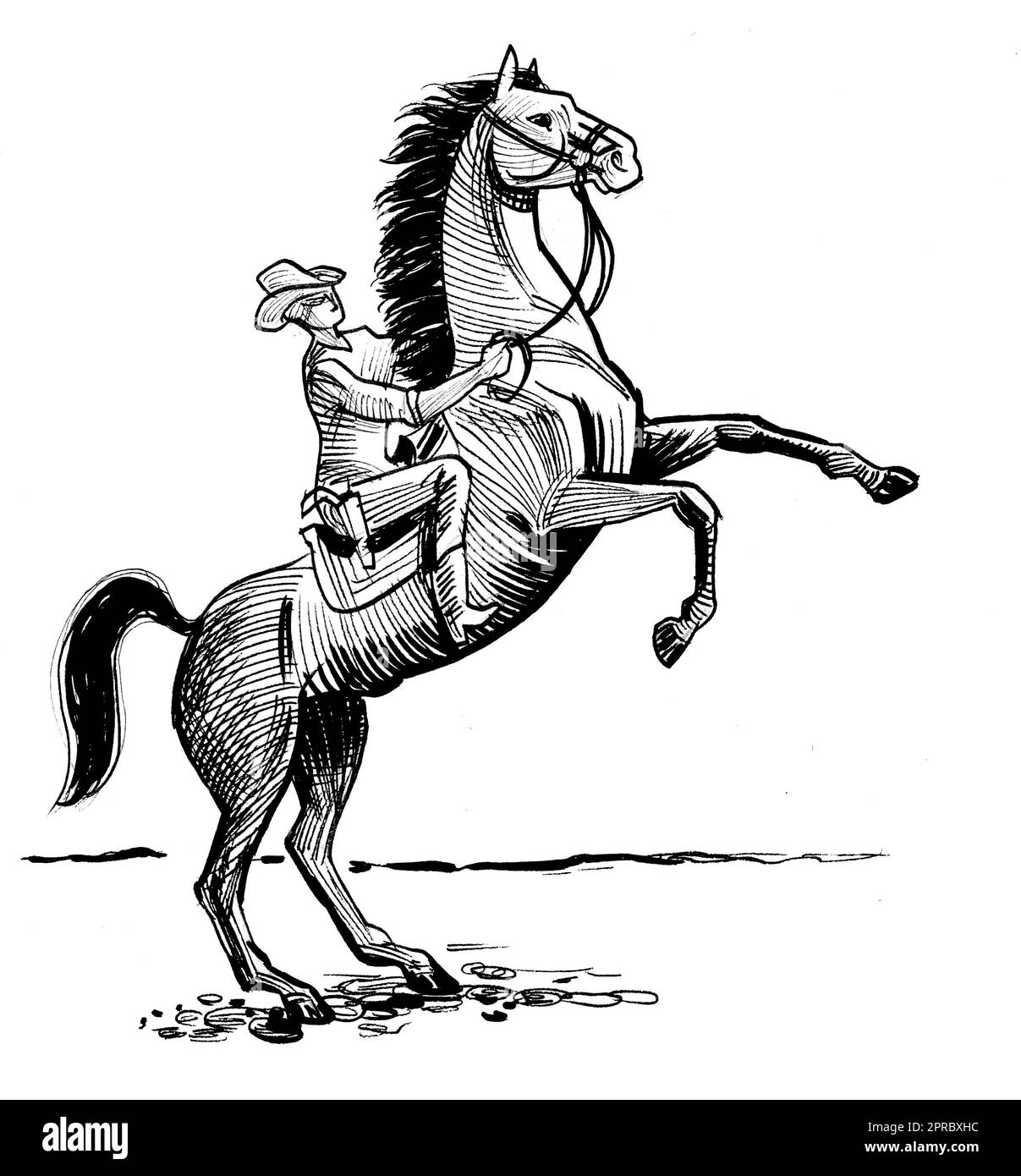 Cowboy riding a wild horse. Hand drawn on paper, ink black and white illustration Stock Photo