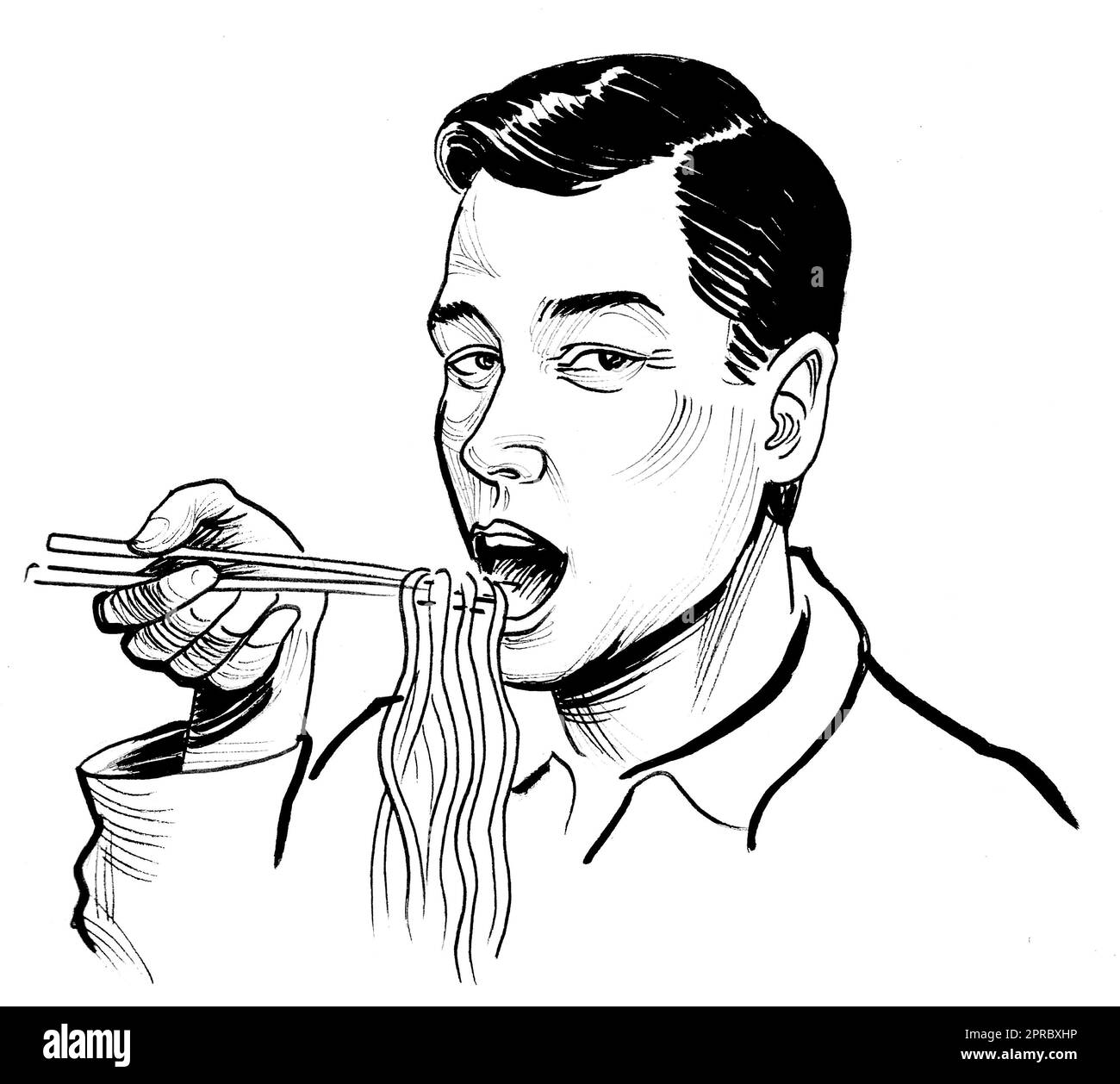 Asian man eating noodles with chopsticks. Hand drawn on paper, retro styled ink black and white illustration Stock Photo