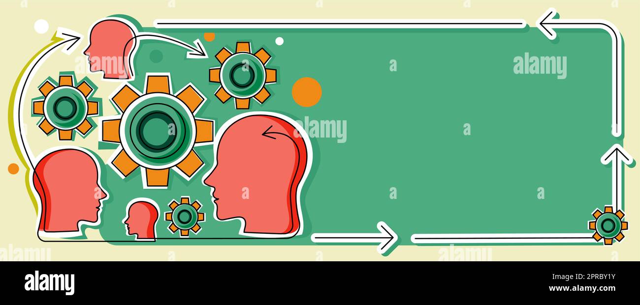 Multiple Heads With Cogs Showing Technology Ideas. Gears In Brain Symbols Design Displaying Mechanical And Technical Idea. Stock Vector
