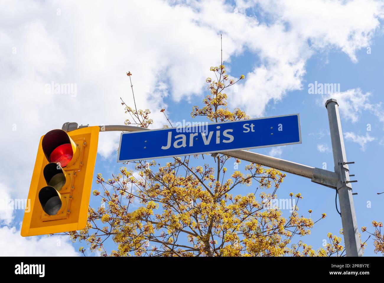 Jarvis Street sign with traffic light is seen in downtown Toronto