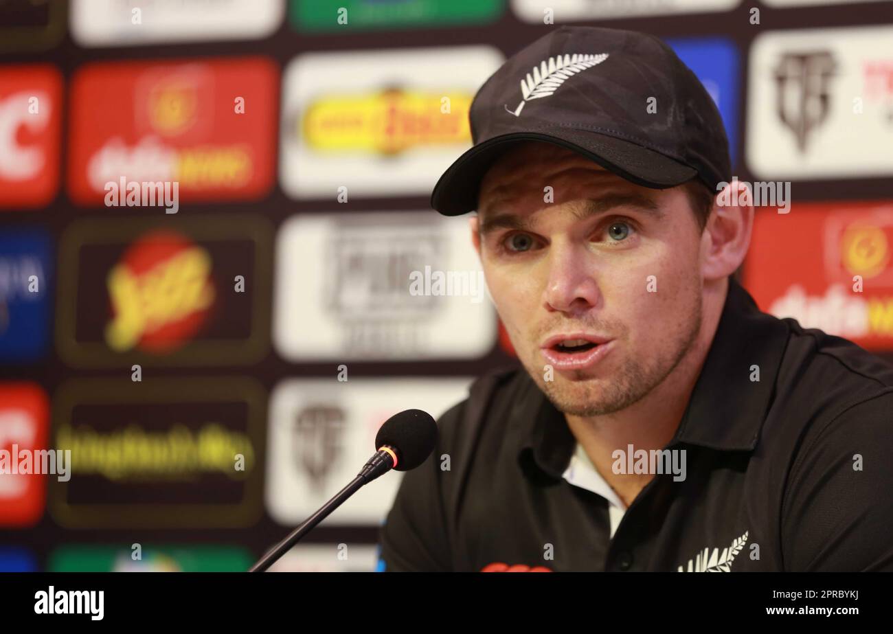 Rawalpndi, Rawalpindi, Pakistan. 26th Apr, 2023. New Zealand's captain Tom Latham speaks during a press conference at the Rawalpindi Cricket Stadium on the eve of their first one-day international (ODI) cricket match against Pakistan. (Credit Image: © Raja Imran Bahader/Pacific Press via ZUMA Press Wire) EDITORIAL USAGE ONLY! Not for Commercial USAGE! Stock Photo