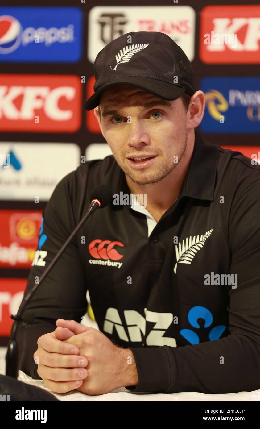 Rawalpndi, Pakistan. 26th Apr, 2023. New Zealand's captain Tom Latham speaks during a press conference at the Rawalpindi Cricket Stadium on the eve of their first one-day international (ODI) cricket match against Pakistan. (Photo by Raja Imran Bahadar/Pacific Press) Credit: Pacific Press Media Production Corp./Alamy Live News Stock Photo