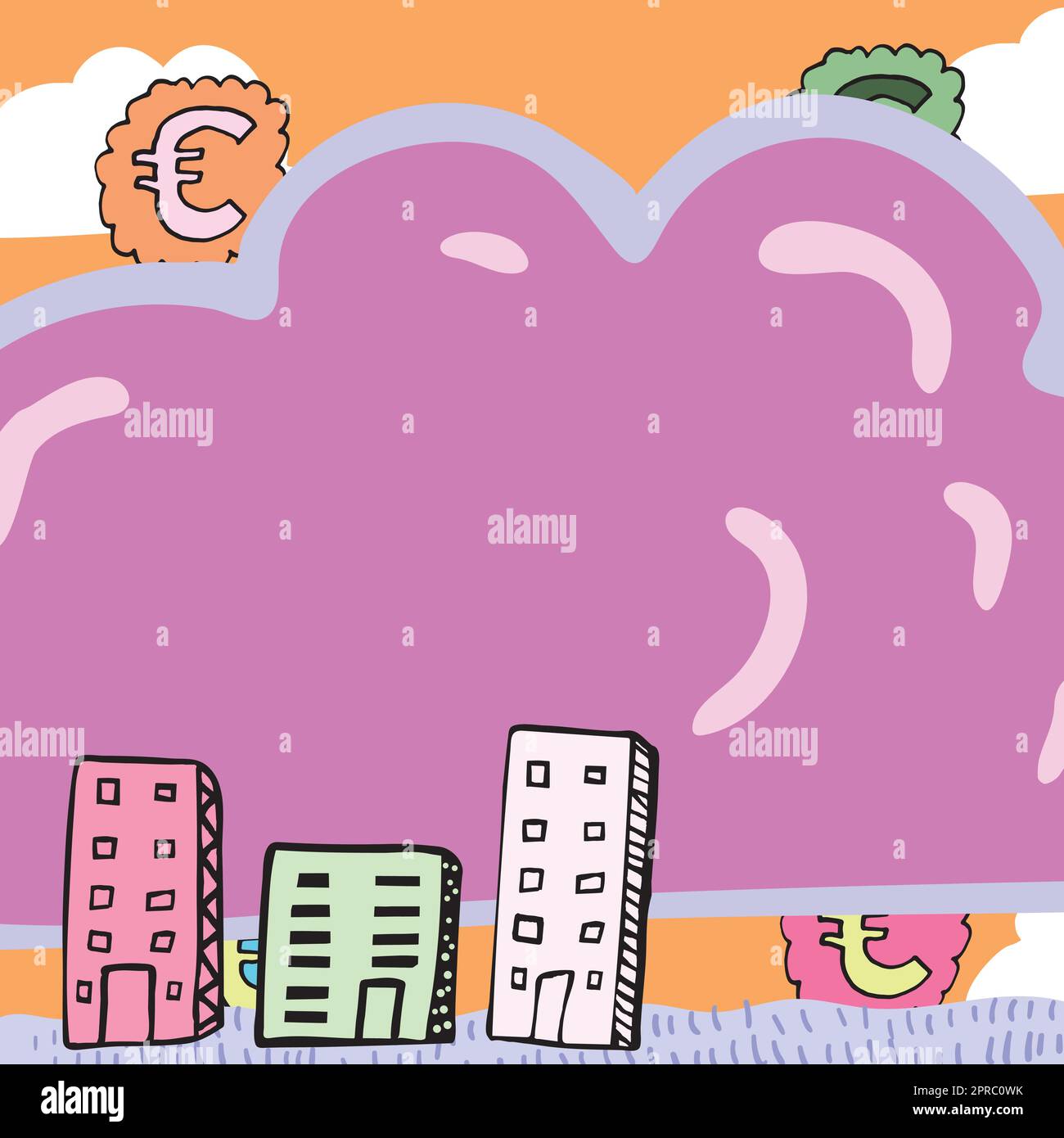 Important Message Written In Shape Of Cloud With Euro Signs In Background And Buildings. Crutial Informations In Cloudy Form With Symbols And Houses Around. Stock Vector