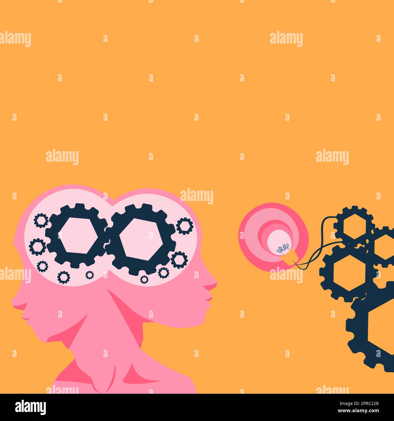 Two Heads With Cogs Showing Technology Ideas. Gears In Brain Symbols Design Displaying Mechanical And Technical Idea. Stock Vector