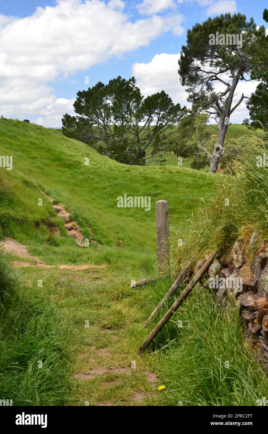 Hobbiton Movie Set and Hobbiton Homes in New Zealand Stock Photo