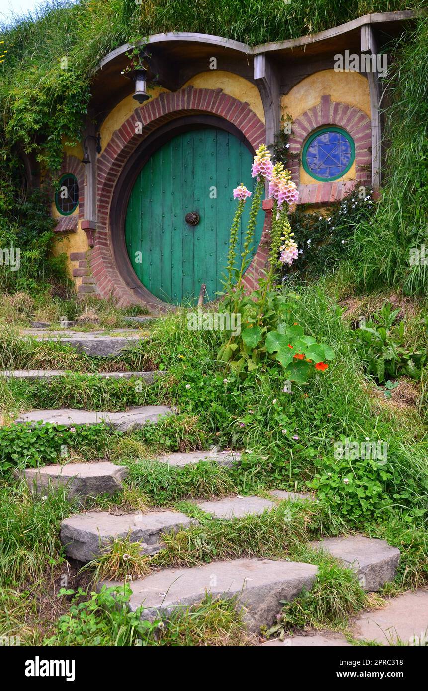 Hobbiton Movie Set and Hobbiton Homes in New Zealand Stock Photo