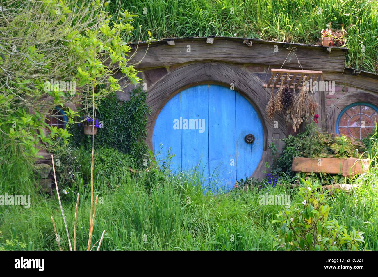 Hobbiton Movie Set and Hobbiton Homes in New Zealand Stock Photo