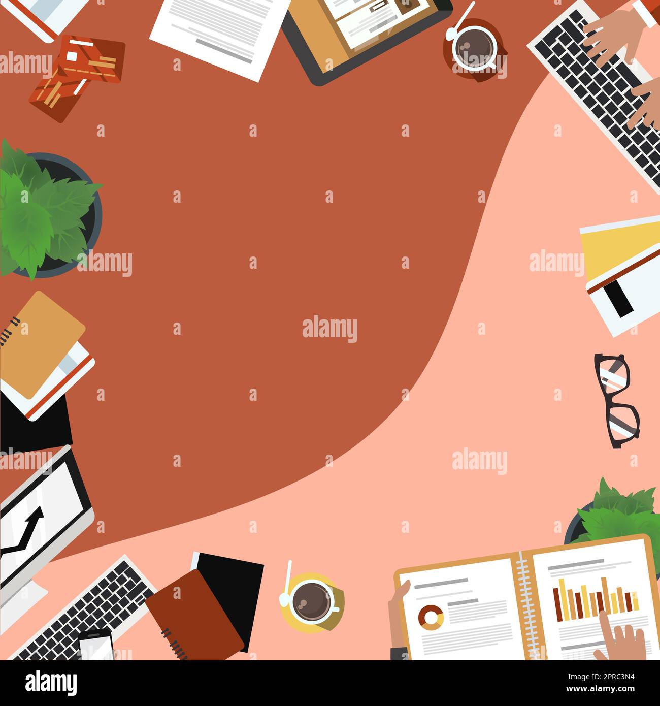 Flat View Work Table With Colagues Preparing Reports And Plans