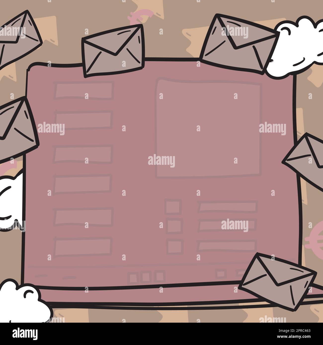 Composing Letter Idea, Listing Text Documents, Presenting Writing Tools, Selling Materials. Checklist Table Surrounded With Envelops And Clouds Stock Vector