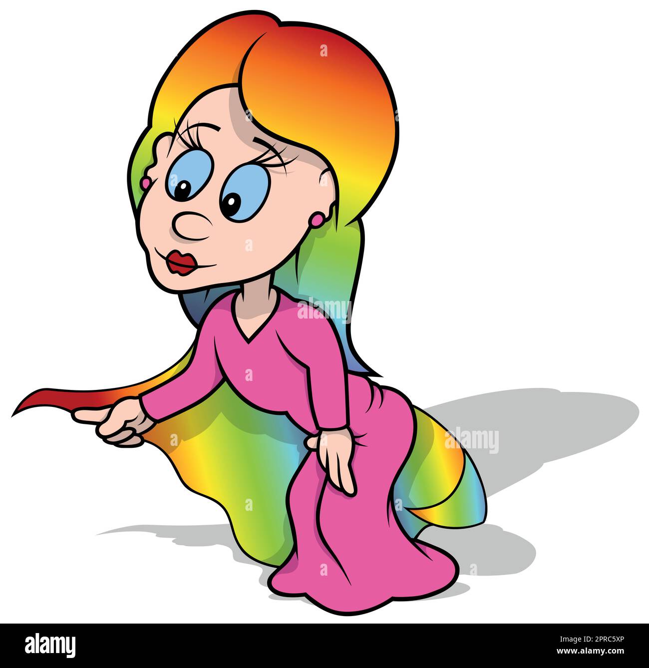 Fairy with Rainbow Long Hair in Pink Dress Stock Vector