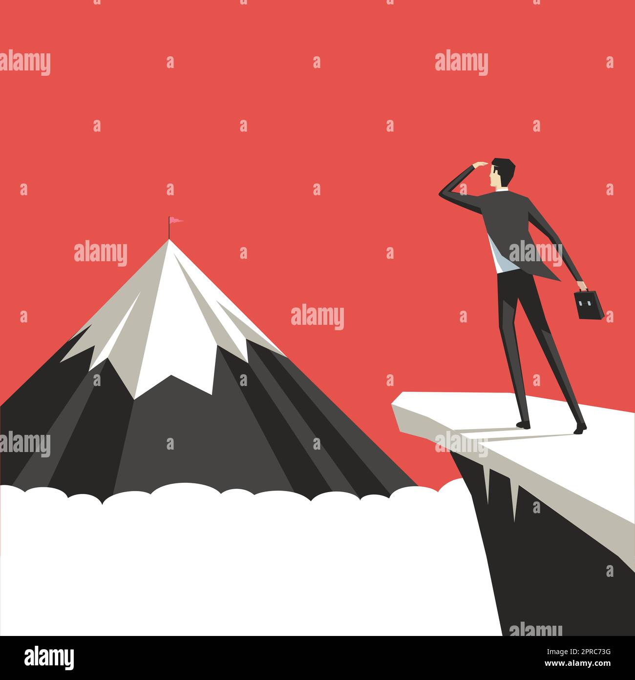 Man On A Mountain Drawing Proud Of His Climbing Success To The Clouds. Athlete On A Cliff Celebrating Achievement Ascending To The Top. Sports Guy Reaching The Sky. Stock Vector