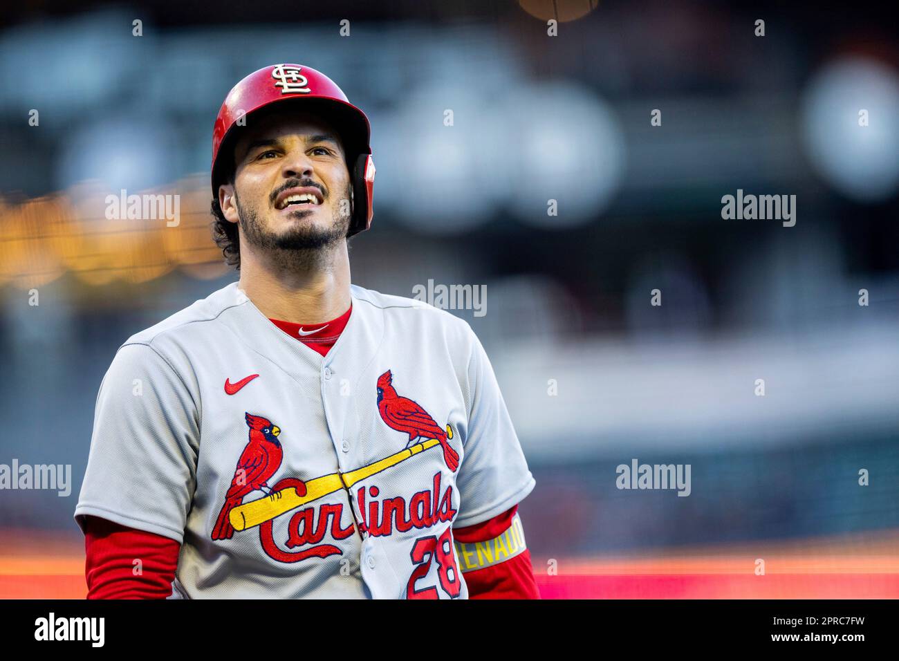 May 07 2022 San Francisco CA, U.S.A. St. Louis third baseman Nolan Arenado  (28) reacts after striking out in the ninth inning during MLB game between  the St. Louis Cardinals and the