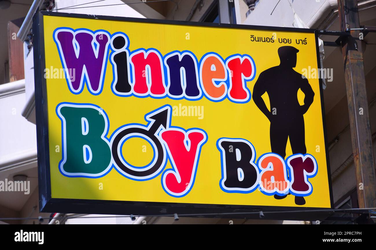 Sign 'Winner Boy Bar', a go go bar where adult male models dance on