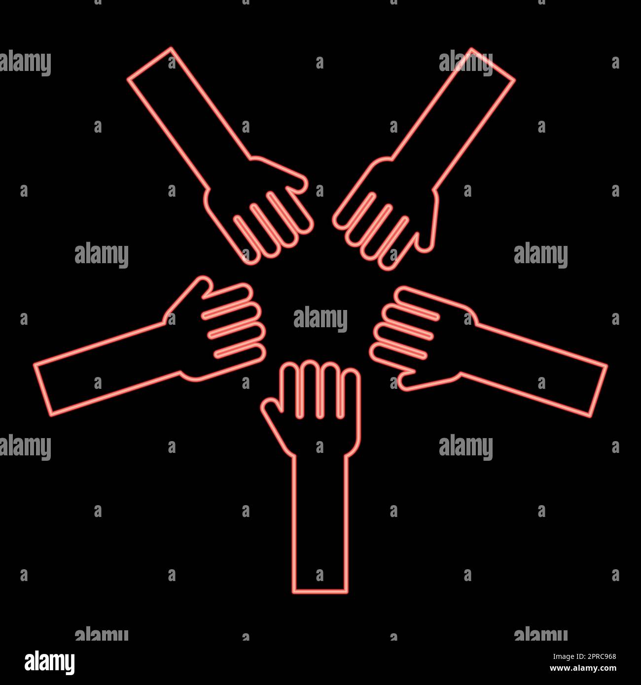 Neon five hands Group arms Many hands connecting Open palms People putting their hands together Stack hands concept unity red color vector illustration image flat style Stock Vector