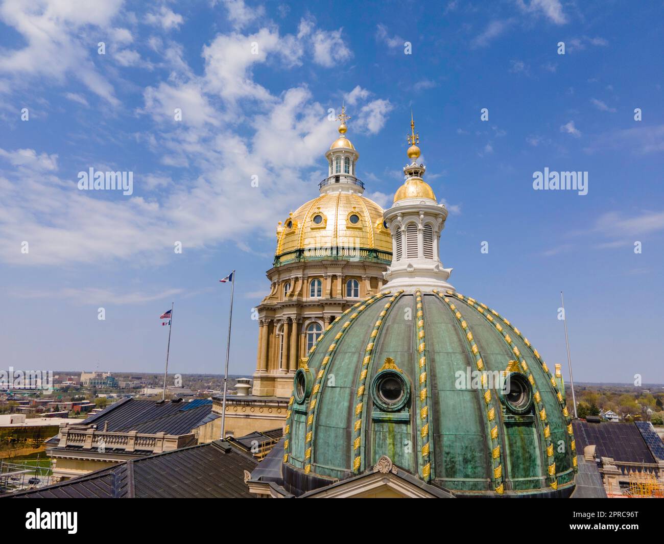 Aerial photograph of the State Capitol Complex, Des Moines,Iowa, USA on a beautiful spring day. Stock Photo