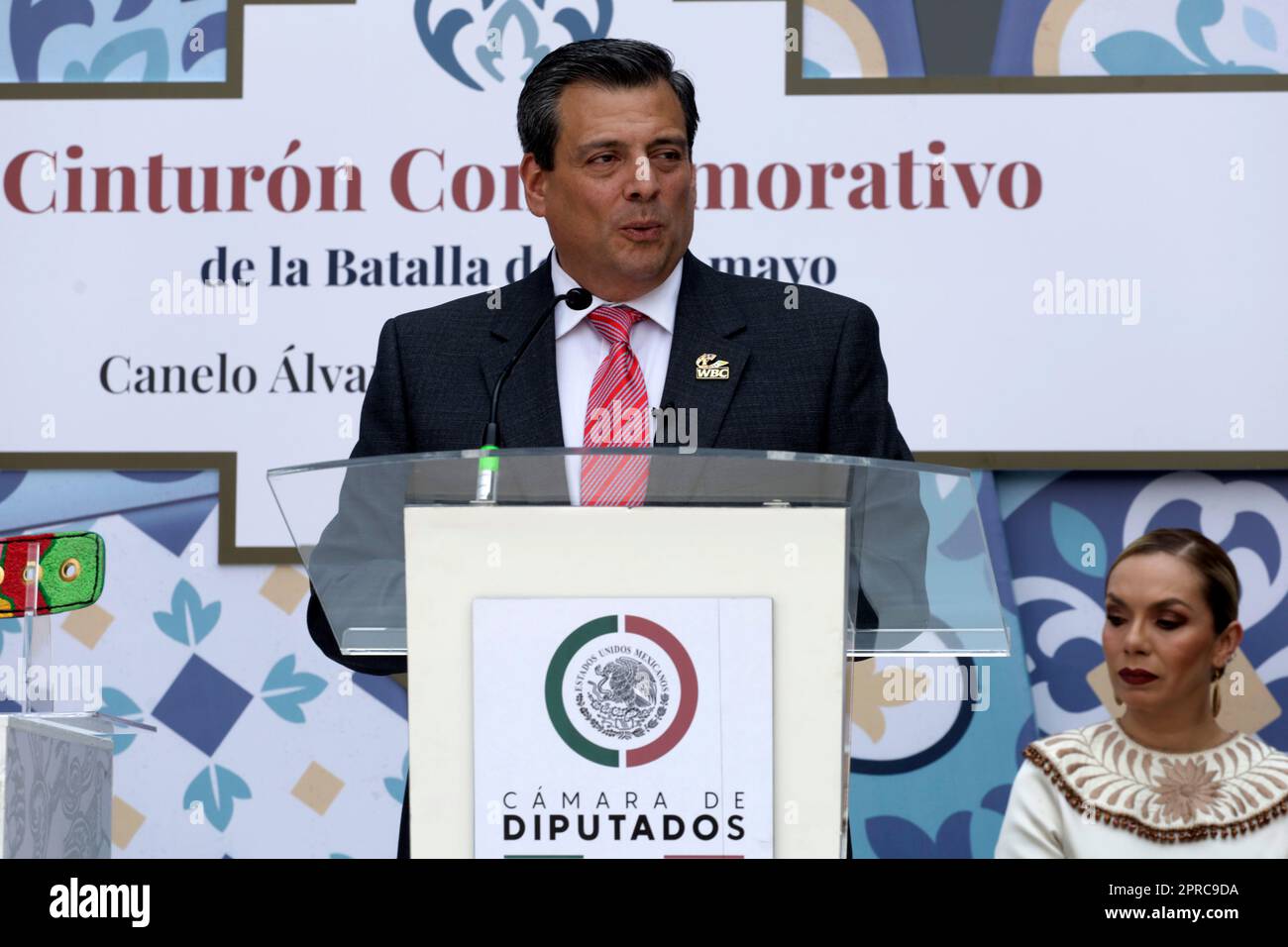 Mexico City, Mexico. 26th Apr, 2023. The president of the World Boxing Council, Mauricio Sulaiman at the presentation of the commemorative belt of the battle of May 5 for the fight of Saul 'Canelo'' Alvarez vs John Ryder, on May 6, in a conference at the Chamber of Deputies in Mexico City. on April 26, 2023 in Mexico City, Mexico (Credit Image: © Luis Barron/eyepix via ZUMA Press Wire) EDITORIAL USAGE ONLY! Not for Commercial USAGE! Stock Photo