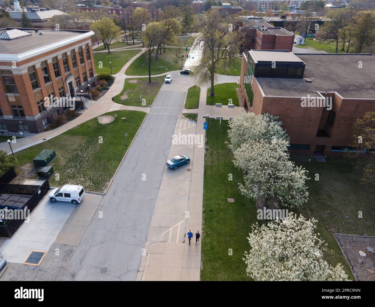Aerial photograph of Drake University on a beautiful spring evening