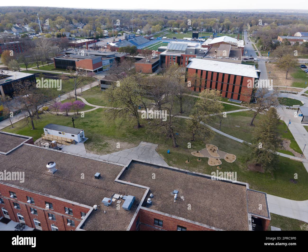 Aerial photograph of Drake University on a beautiful spring evening