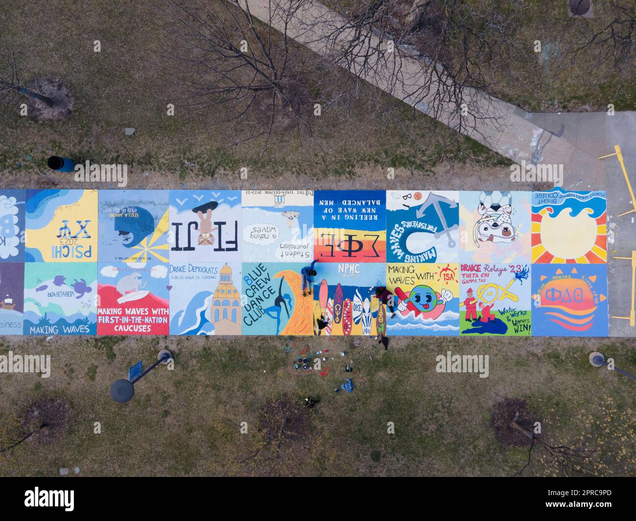 Street painting, a Drake Relays student tradition. Aerial photograph of