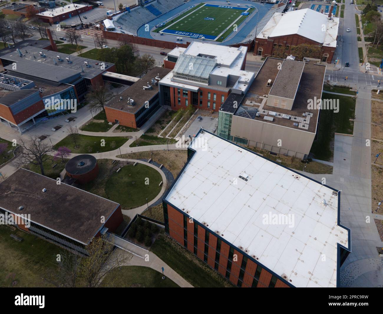 Aerial photograph of Drake University on a beautiful spring evening