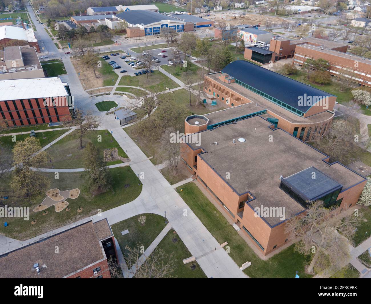 Aerial photograph of Drake University on a beautiful spring evening