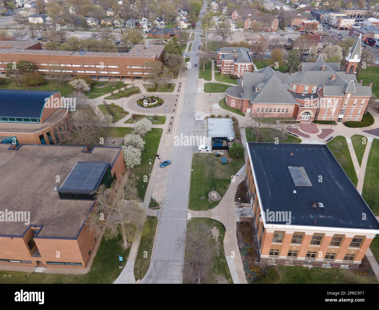 Aerial photograph of Drake University on a beautiful spring evening