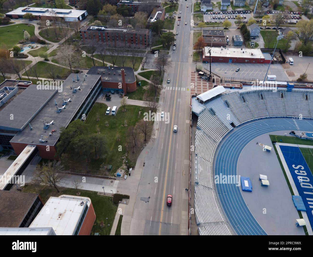 Aerial photograph of Drake University on a beautiful spring evening