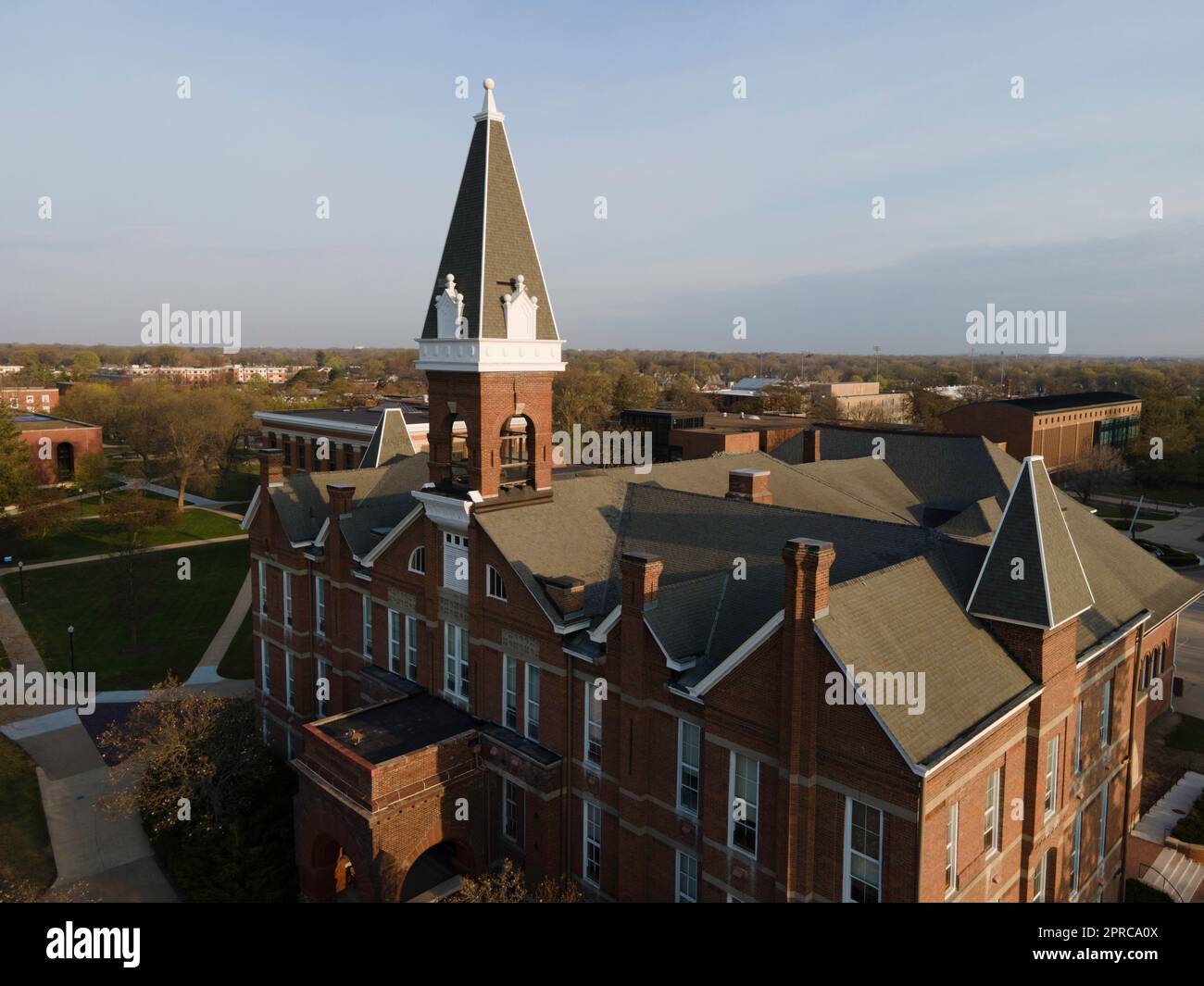 Old Main. Aerial photograph of Drake University on a beautiful spring