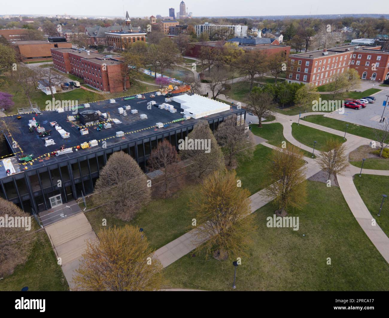 Aerial photograph of Drake University on a beautiful spring evening