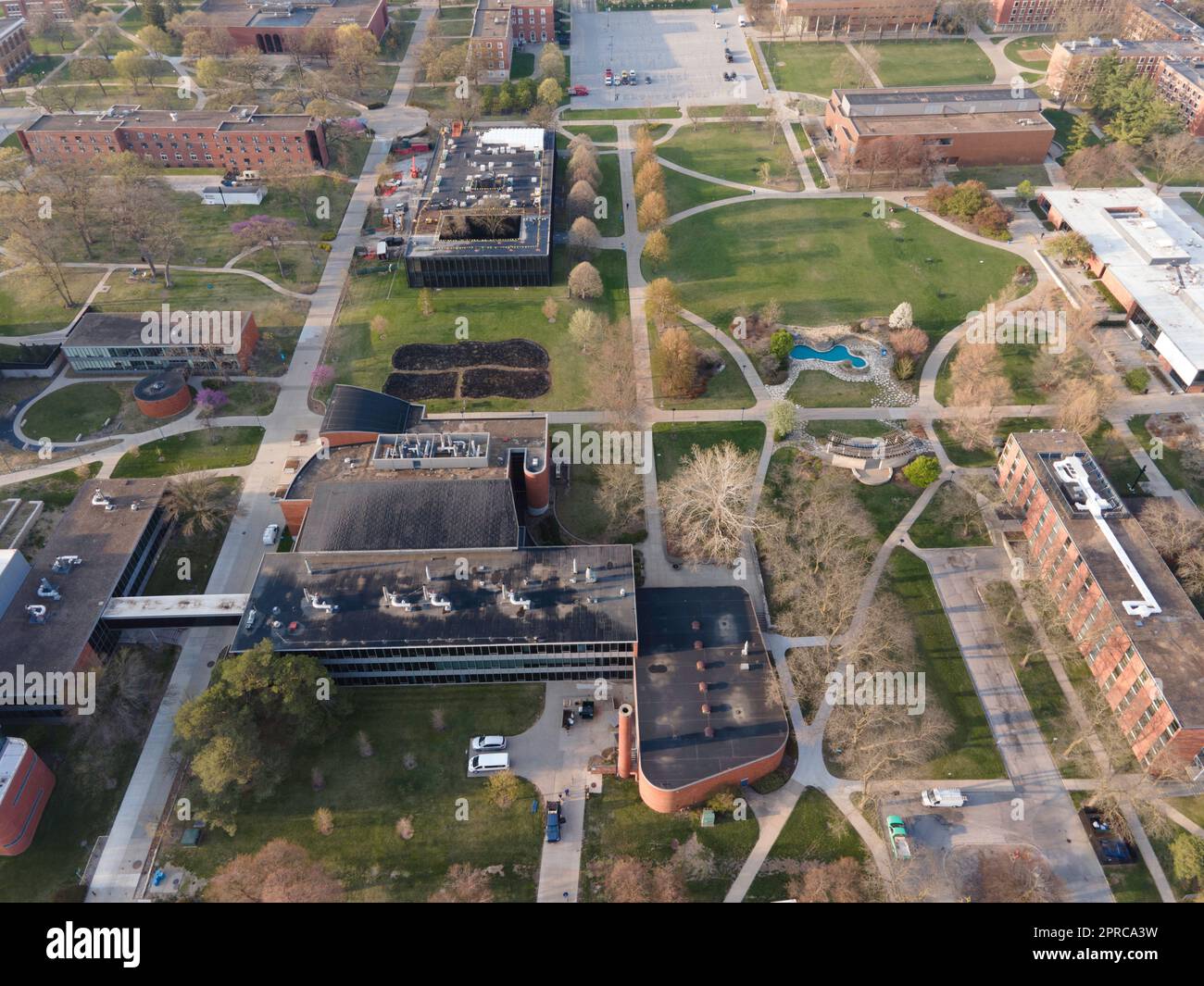 Aerial photograph of Drake University on a beautiful spring morning