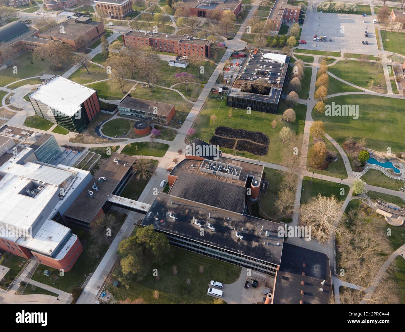 Aerial photograph of Drake University on a beautiful spring morning
