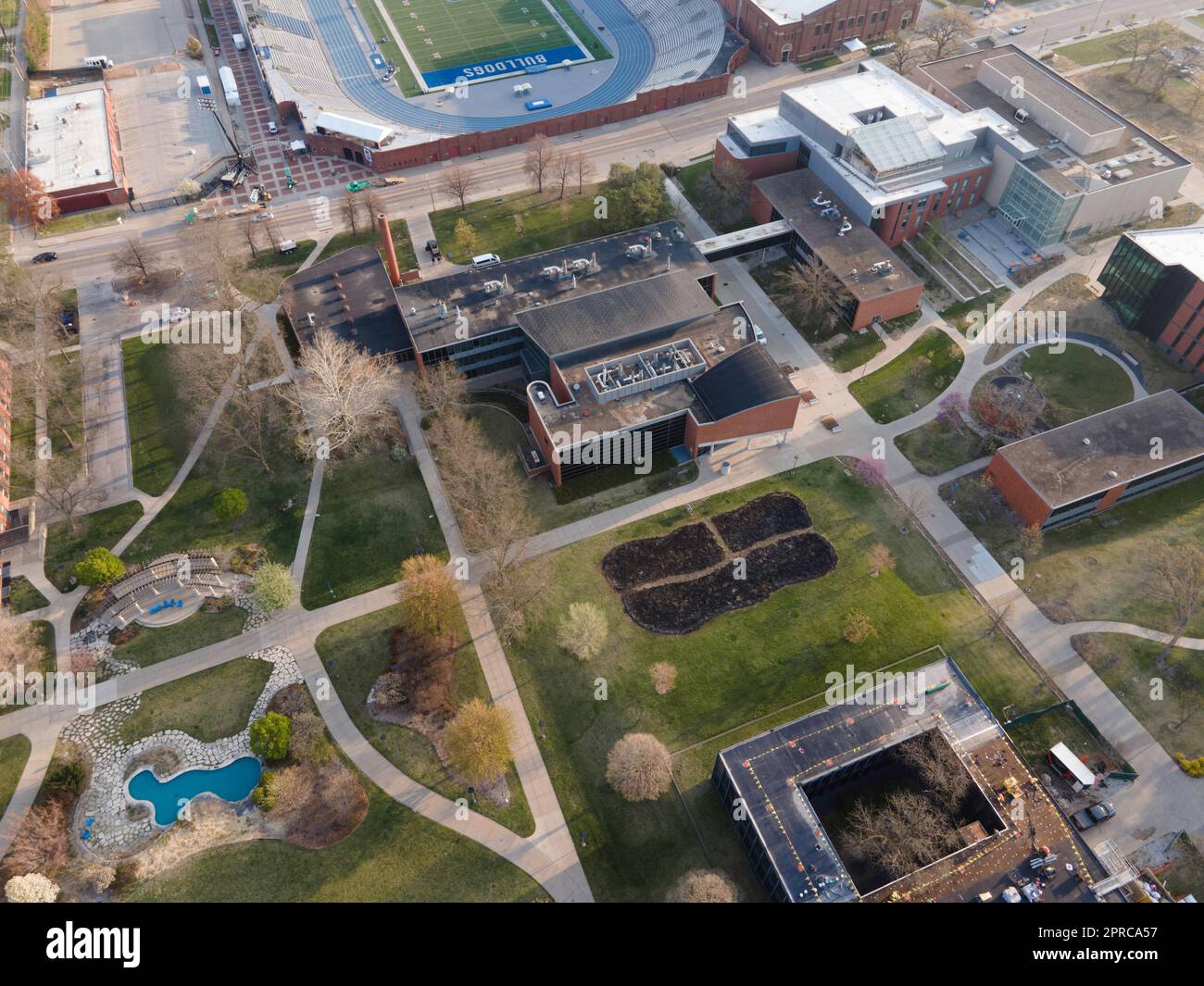 Aerial photograph of Drake University on a beautiful spring morning