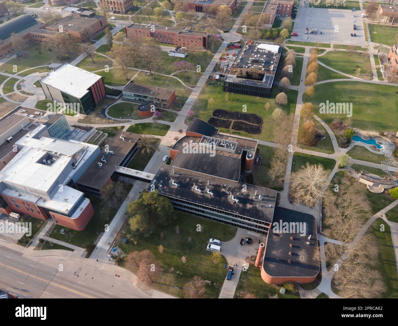 Aerial photograph of Drake University on a beautiful spring morning