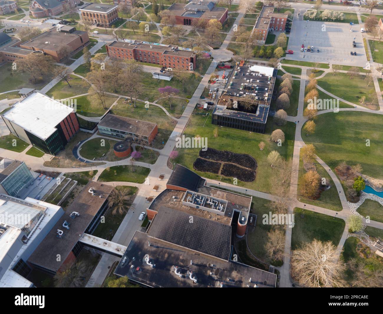 Aerial photograph of Drake University on a beautiful spring morning