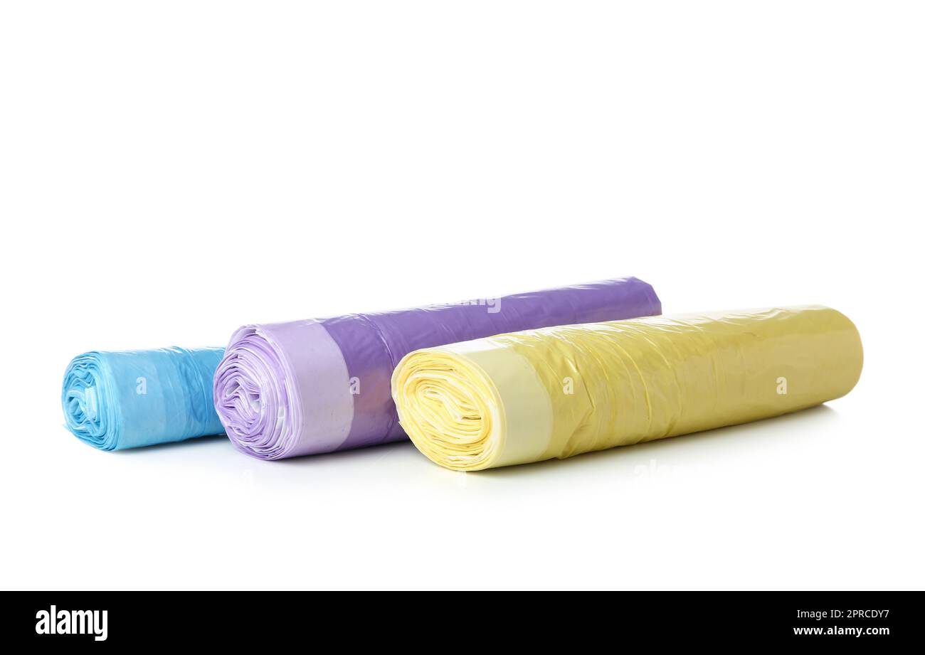 Colorful rolls of garbage bags isolated on white background Stock Photo ...