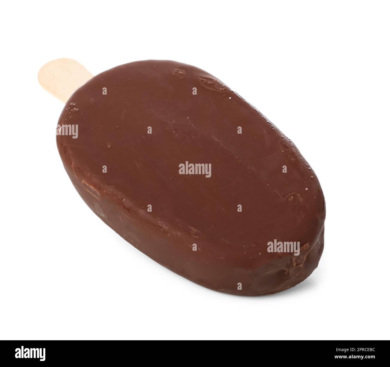 Delicious chocolate covered ice cream on stick against white background