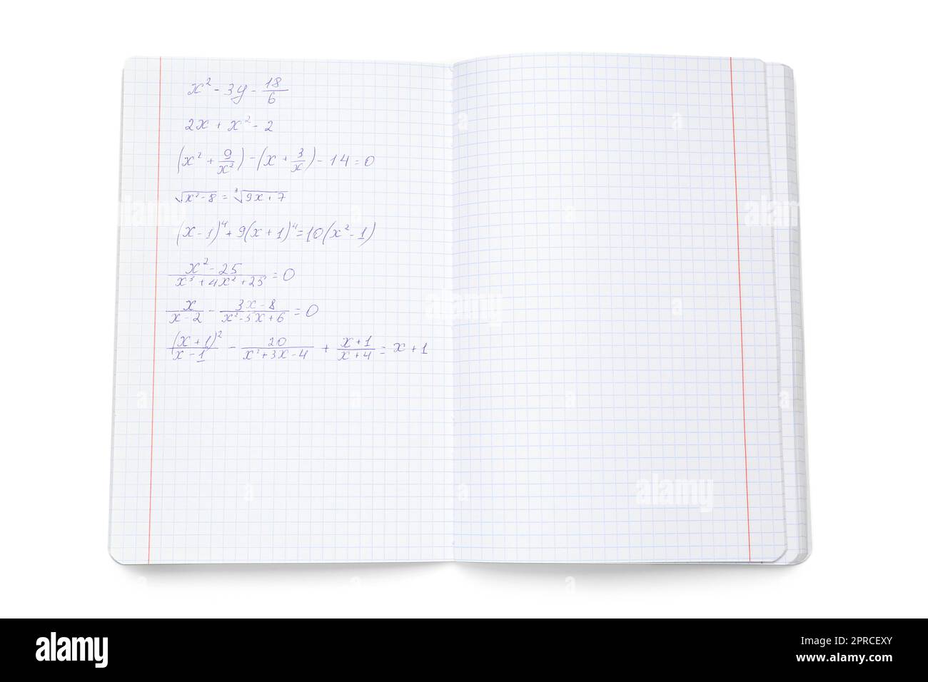 Copybook with maths formulas isolated on white background Stock Photo