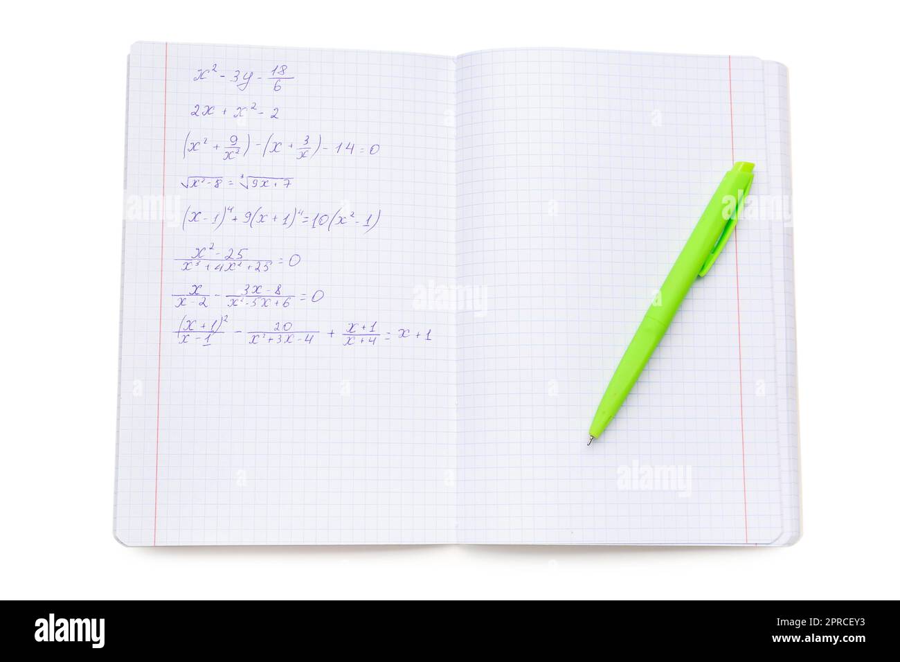 Copybook with maths formulas and pen isolated on white background Stock Photo