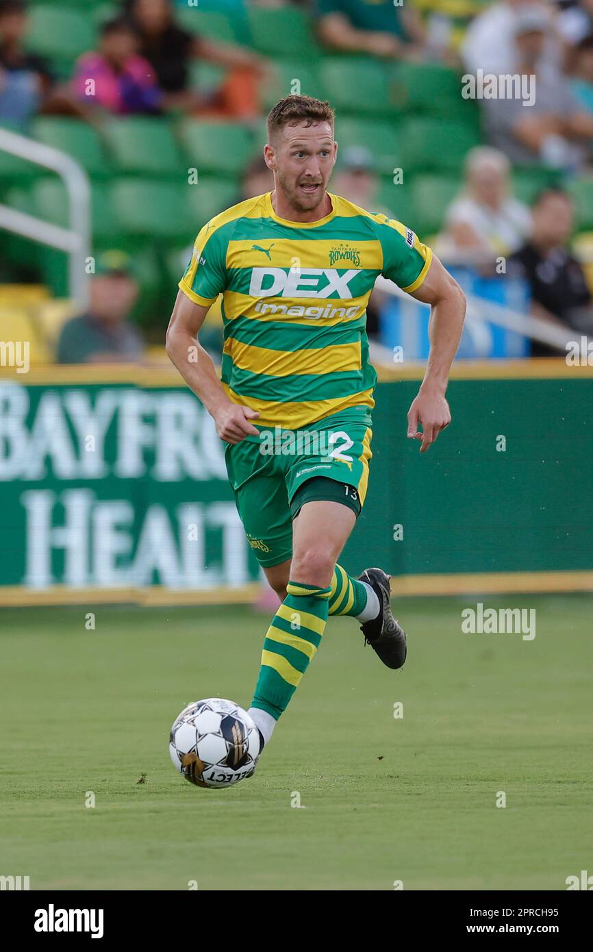 St. Petersburg, FL: Tampa Bay Rowdies defender Connor Antley (2) carries the ball up the pitch during the third round game of the U.S. Open Cup agains Stock Photo