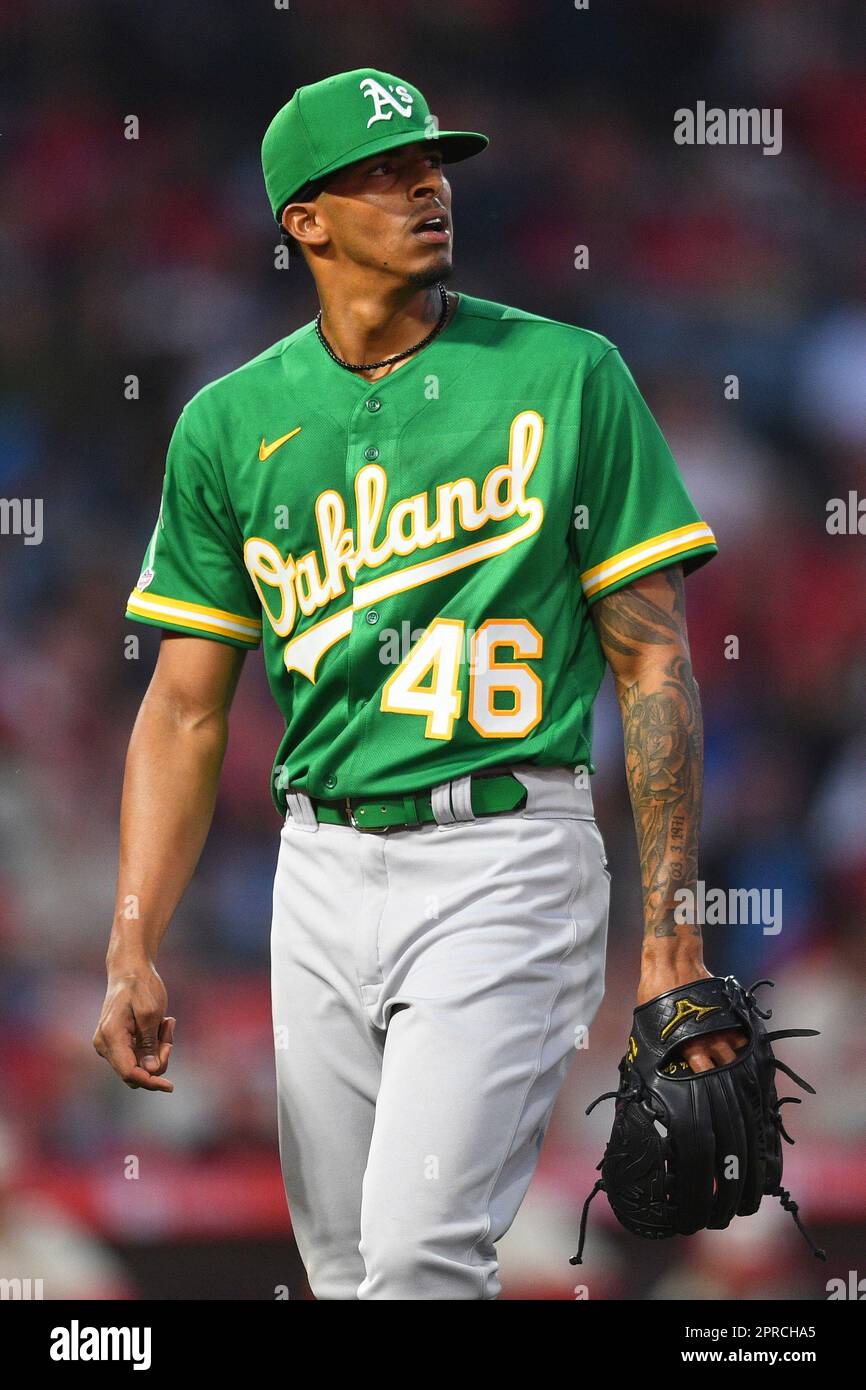 ANAHEIM, CA - APRIL 26: Oakland Athletics pitcher Luis Medina (46) looks on  during the MLB game between the Oakland Athletics and the Los Angeles  Angels of Anaheim on April 26, 2023