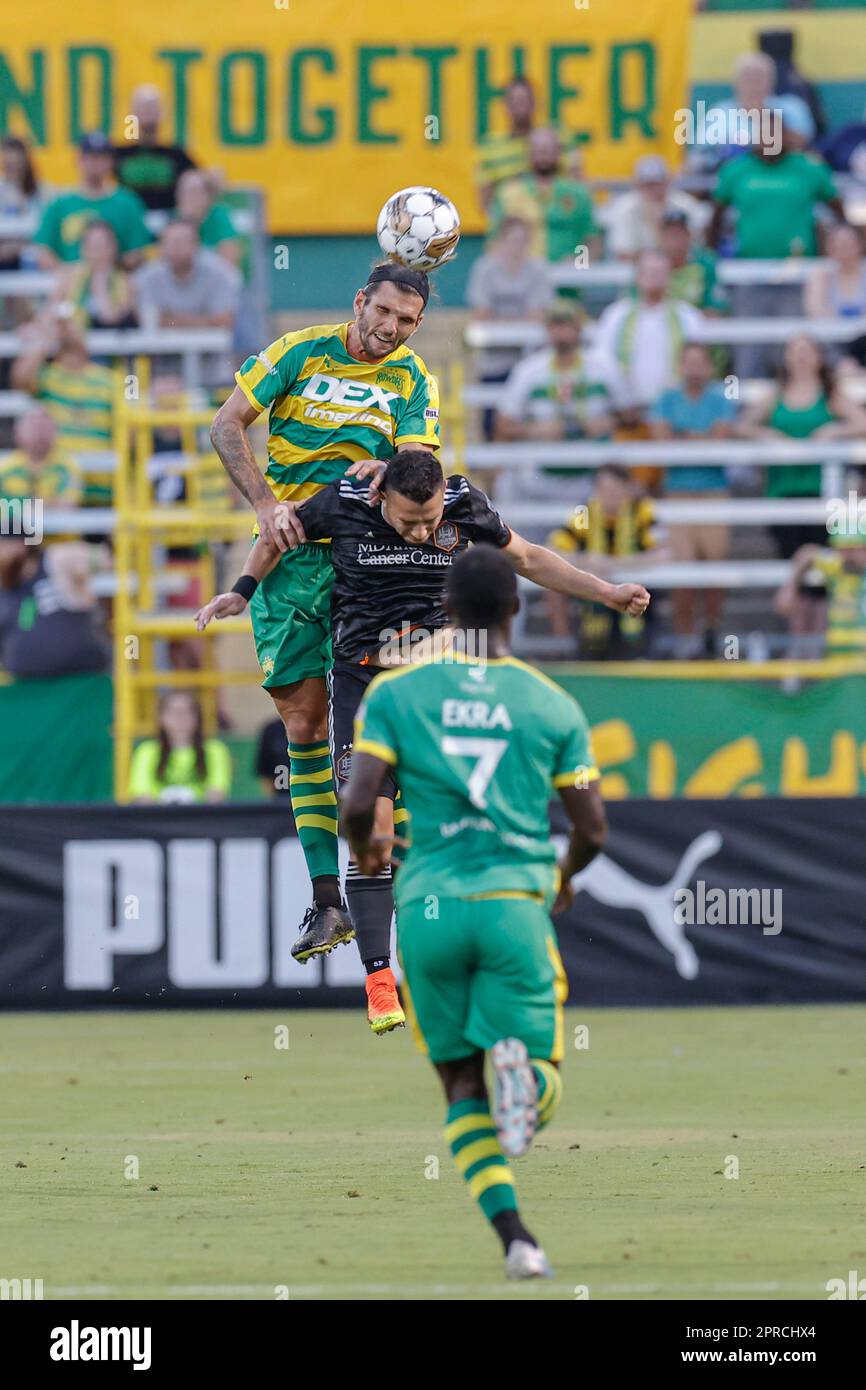 St. Petersburg, United States. 26th Apr, 2022. St. Petersburg, FL: Tampa  Bay Rowdies midfielder Forrest Lasso (3) heads the ball during the third  round game of the U.S. Open Cup against the