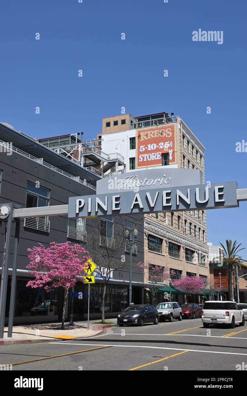 LONG BEACH, CALIFORNIA 18 APR 23023 Historic Pine Avenue sign in