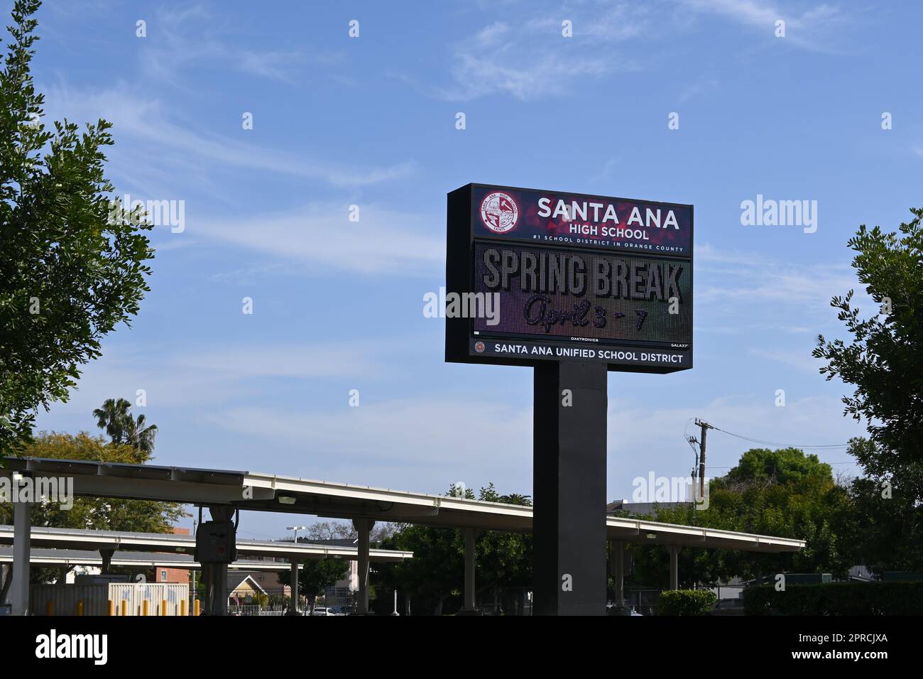 SANTA ANA, CALIFORNIA - 15 APR 2023: Electronic sign at Santa Ana High