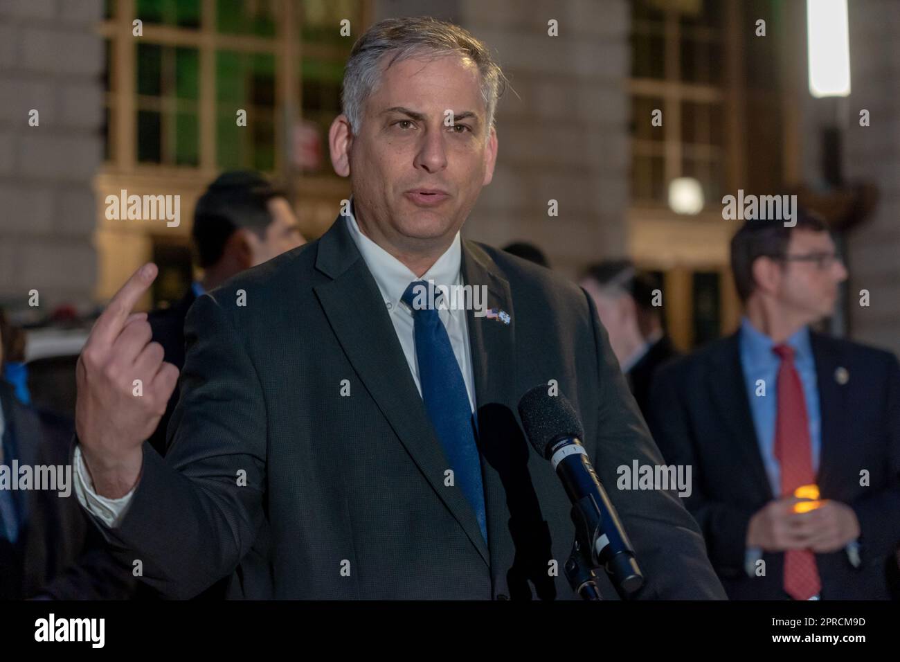 New York, United States. 26th Apr, 2023. NEW YORK, NEW YORK - APRIL 26: Israel's Acting Consul General in New York Israel Nitzan speaks during an Israeli flag-raising ceremony at Bowling Green Park as Israel celebrates its 75th Independence Day 'Yom Haatzmaut' on April 26, 2023 in New York City. Yom Haatzmaut aka Israel Independence Day, celebrates the establishment of the State of Israel by Jewish leadership headed by Prime Minister David Ben-Gurion on May 14, 1948, however it is celebrated on the day according to the Jewish Calendar. Credit: Ron Adar/Alamy Live News Stock Photo