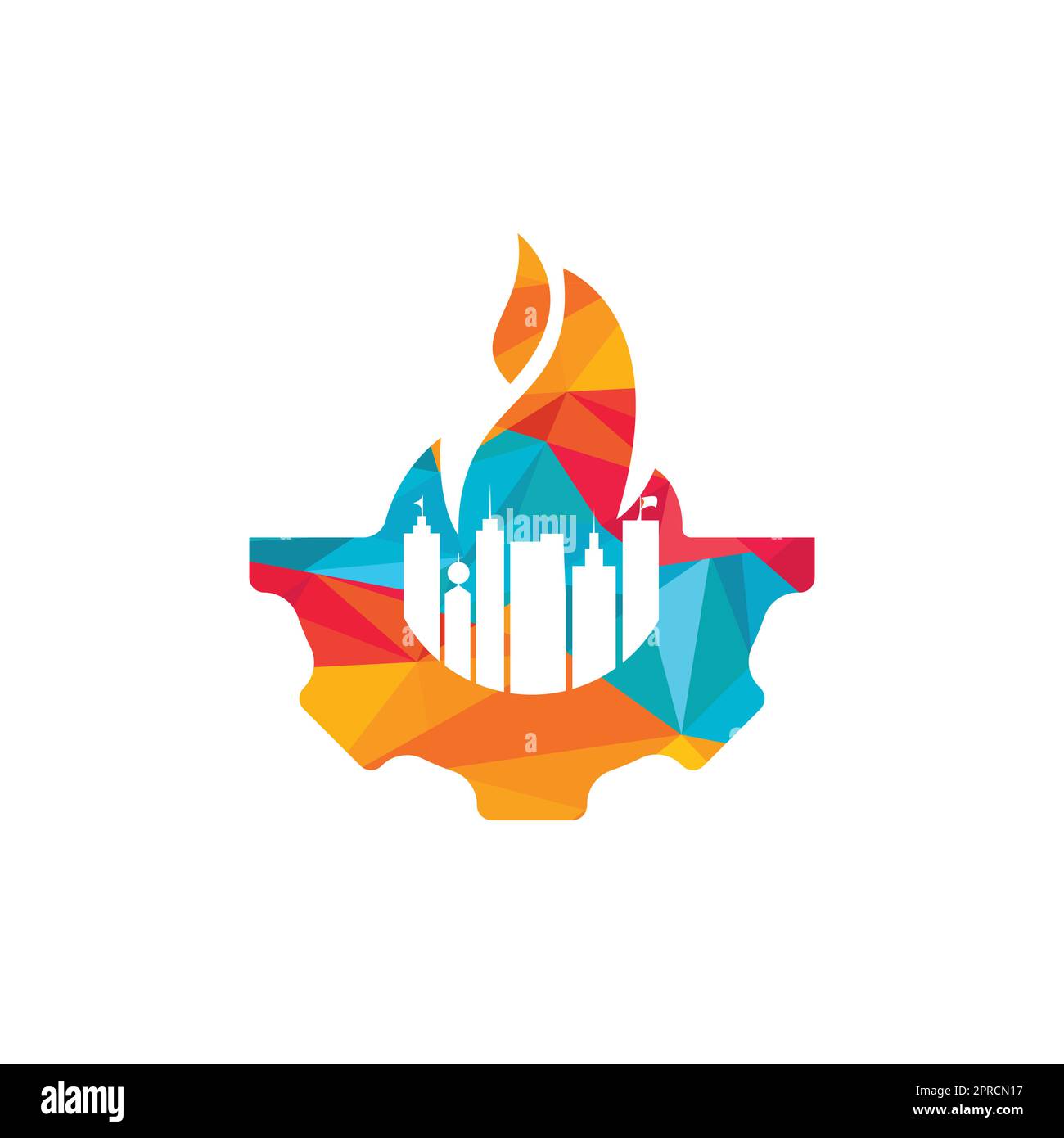 Fire city vector logo design template. Buildings and fire with Cog ...