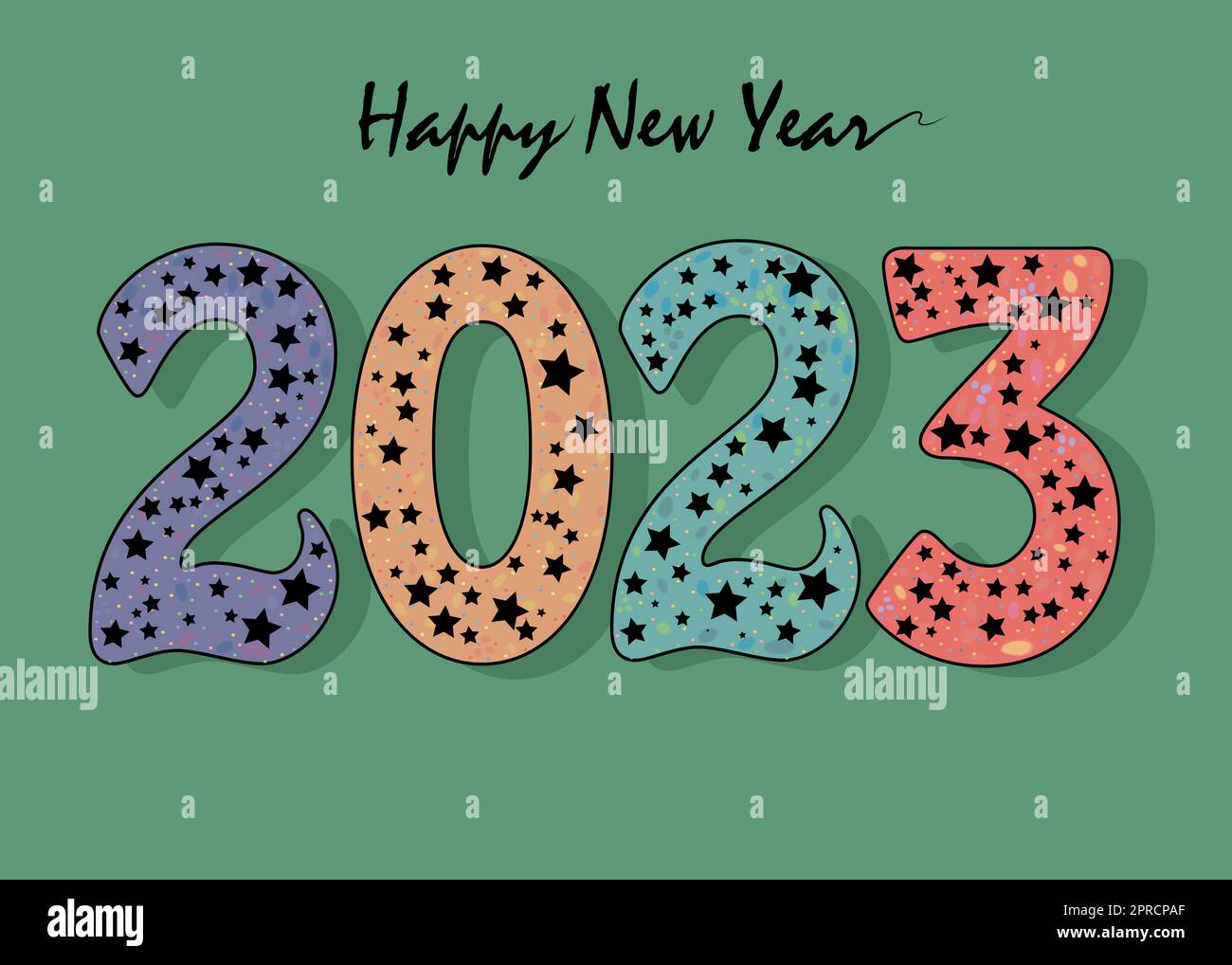 Happy New Year 2023. Colorful number with black stars decor. Gothic New Year. Green Background.Vector Illustration Stock Vector