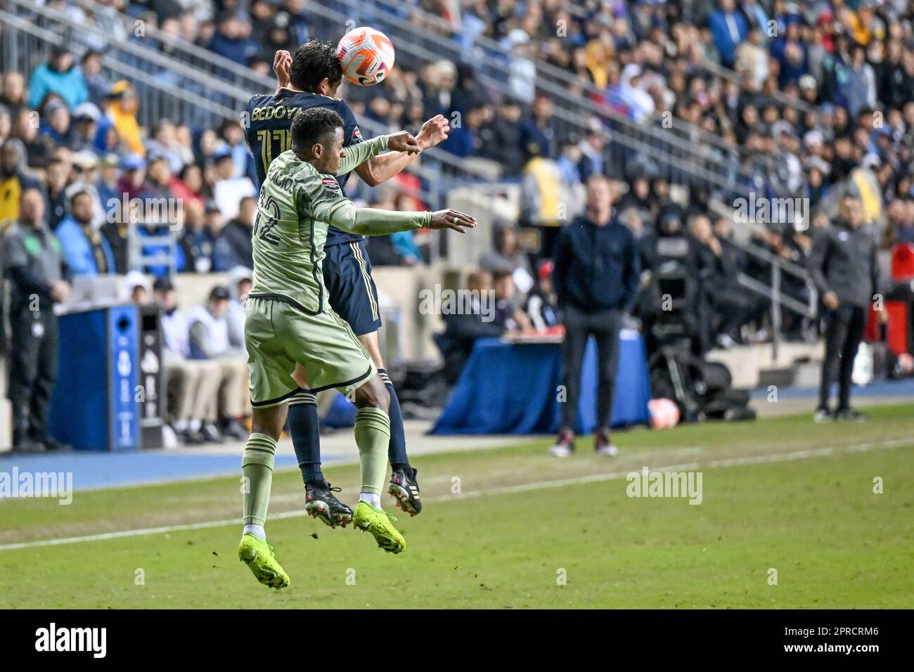 Chester, PA, USA - 26 April, 2023 - Alejandro Bedoya wins a header as MLS sides Philadelphia Union and Los Angleles Football Club tie 1-1 in the Concacaf Champions League semi-final at Subaru Park in Chester, PA - Photo Credit: Don Mennig Alamy Live News Stock Photo